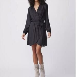 NEW PAIGE Sevilla Above The Knee Tie Waist Wrap V Neck Dress in Black